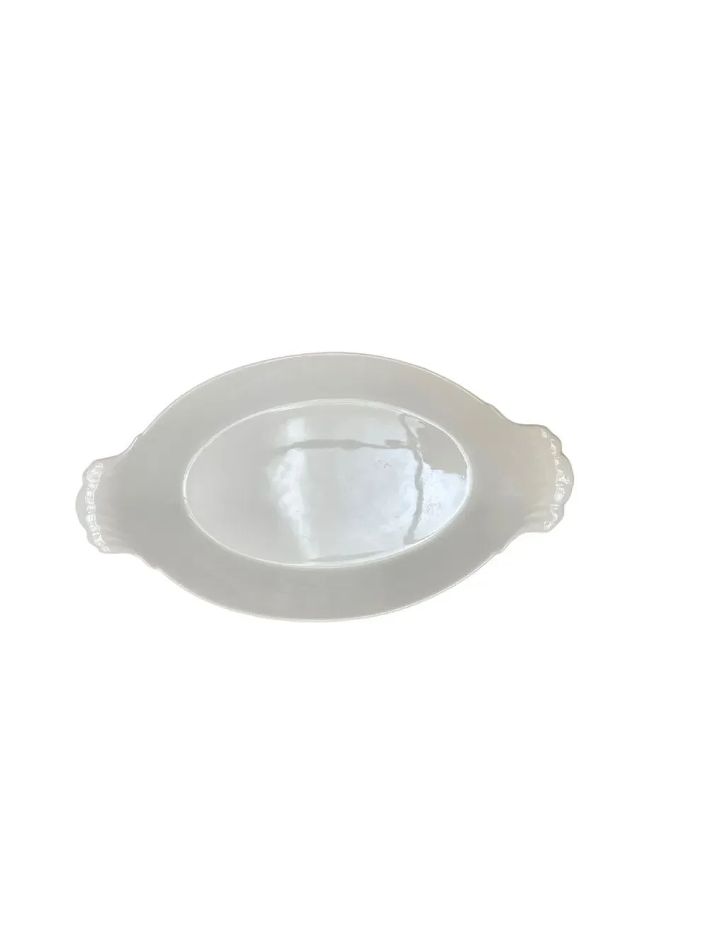 Vintage French Ironstone Serving Bowl White Oval Shell Handles Farmhouse